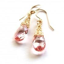 wedding photo - Pink Earrings - Wire crochet gold earrings  - Pink Gold Dangle Earrings , Cherry Earrings , Wire Wrapped Pink Earrings
