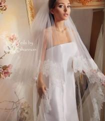 wedding photo - 2 Tiers long Lace Cathedral Drop Veil, Cathedral Veil With Blusher, Ivory Cathedral Wedding Veil, Lace Cathedral Veil Chapel Veil Style V1C