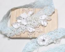 Blue Organza lace crystal. XS S M L XL Personalised Wedding Bridal Bride Garter