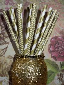 wedding photo - 50 Gold Paper Straws, Gold Stripe Chevron Drinking Straws,Party Drinking Straws,Gold Party,Rustic Wedding,40th Birthday,Gold Cupcake Toppers