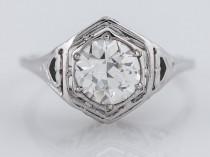 wedding photo - Antique Engagement Ring Art Deco .94ct Old European Cut Diamond in Vintage 18k White Gold