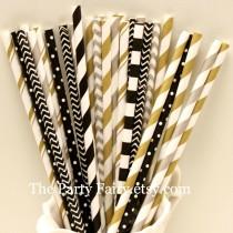 wedding photo - Paper Straws, 25 Gold, Black and Silver Party Straws, Gold Paper Straws, Graduation Party, Elegant Wedding Straws, Formal Events, Mason Jars