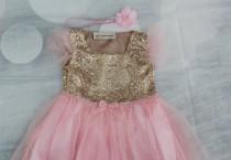 wedding photo - Pink and Gold Sparkle Dress and Headband-, Baby Pink Dress, Birthday Dress, Pink and Gold dress, Party Dress, Flower Girl Dress