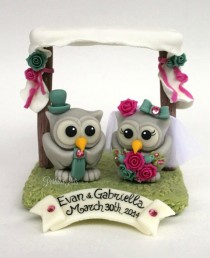 wedding photo - Chuppah wedding cake topper, owls love birds bride and groom, customizable, with banner