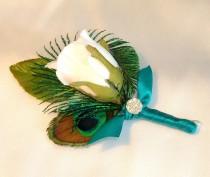 wedding photo - Peacock Wedding Boutonniere, White Rose Bud, Peacock Eye Feather and a Peacock Sword Feather