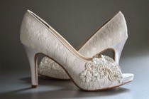 wedding photo - Lace Wedding Shoes - Womens Wedding Shoes, Bridal Shoes, Custom Colors - Vintage Wedding Lace Peep Toe Heels, Women's Bridal Shoes PBT-0384