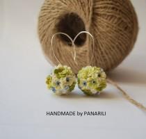 wedding photo - Floral bouquet earrings Forget Me Nots earrings white and wasabi bonbons Green earrings gift for her dangle summer earrings floral jewelry