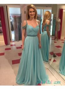 wedding photo -  PD16082 Teal color chiffon long prom dress evening gowns