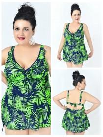 wedding photo -  Green High Waist Leaf Printed Sexy Halter One Piece Plus Size Swimsuit With Little Skirt
