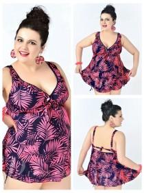 wedding photo -  Watermelon Red High Waist Leaf Printed Sexy Halter One Piece Plus Size Swimsuit With Little Skirt Lidyy1605241079