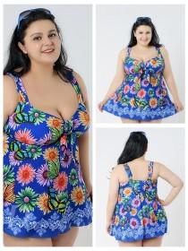wedding photo -  Sky Blue With Flower Conservative Colorful Printed High Elasticity Plus Size Swimsuit With Little Skirt Lidyy1605241071