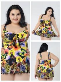 wedding photo -  Yellow Flower Conservative Colorful Printed High Elasticity Plus Size Swimsuit With Little Skirt Lidyy1605241069