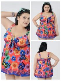 wedding photo -  Watermelon Red With Flower Conservative Colorful Printed High Elasticity Plus Size Swimsuit With Little Skirt Lidyy1605241065