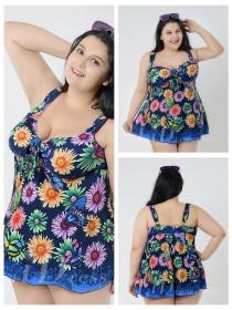 wedding photo -  Dark Blue With Flower Conservative Colorful Printed High Elasticity Plus Size Swimsuit With Little Skirt Lidyy1605241064