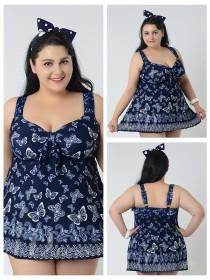 wedding photo -  Dark Blue With Butterfly Conservative Colorful Printed High Elasticity Plus Size Swimsuit With Little Skirt Lidyy1605241061