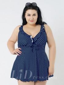 wedding photo -  Dark Blue Dot Conservatism Floral Printed Halter Two-Piece Plus Size Swimsuit With A Little Skirt Lidyy1605241060