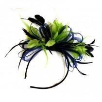 wedding photo - Navy Blue & Lime Green Feathers Fascinator On Headband