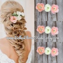 wedding photo -  Small Bridal Hair clips Coral Peach Ivory Flower Fascinator Hair Pins, Wedding Bridesmaid Flower Headpiece Rhinestone Barrette Clips etsy