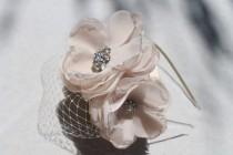 wedding photo - Bridal Blusher  Birdcage Veil French Netting with Headband  Ivory Cream Flowers and  Rhinestone Broosh  for your Wedding