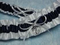 wedding photo - White and Navy Blue Satin Garter Set with Anchor