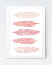 wedding photo - 5 Feathers Coral Wall Art, Pink Peach Feathers Print, Pastel Wall Art, Nursery Wall Print, Wedding Pink Print, Peach Dorm INSTANT DOWNLOAD