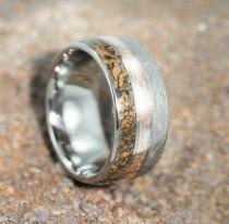 wedding photo - Unique Statement Ring, Titanium Band with Meteorite, Dinosaur Bone, Mokume Gane  Pinstripe