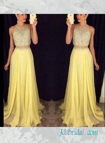 wedding photo -  yellow color beading illusion top two pieces prom dress