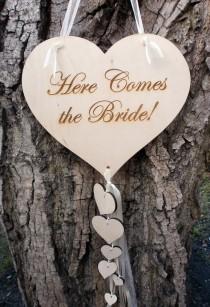 wedding photo - Weddings Decor Signage Here Comes The Bride Flower Girl or Ringbaerer Photo Props Ceremony Decorations