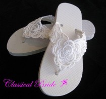wedding photo - LACE EMBROIDERED Wedding Bridal Flip Flops In Ivory Or White For Wedding Party Bride Bridesmaid Maid Of Honor Beach Flip Flops Sandals Shoes