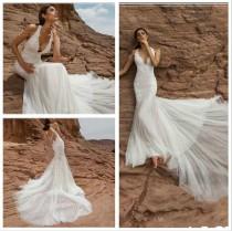 wedding photo -  Gorgeous Backless Mermaid Wedding Dresses With Deep V Neck 2016 Tulle Applique Cheap Sexy Lace Bodice With Long Train Bridal Gowns Online with $129.65/Piece on Hjkl
