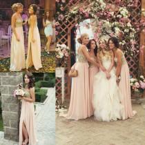wedding photo -  Sexy Side Split Beads Bridesmaid Dresses Crystal Sheer V Neck Long Party Dress Ball Prom Chiffon Formal Evening Gowns Online with $105.25/Piece on Hjklp88's Store |