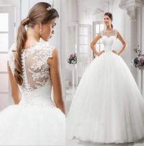 wedding photo -  2016 Hot Selling Sexy Illusion Jewel Neckline Wedding Dresses Applique Tulle Illusion Back Bridal Gown Wedding Dress Online with $101.76/Piece on Hjklp88's Store | 