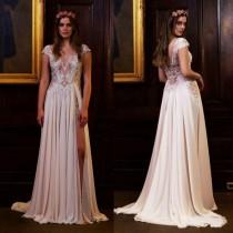 wedding photo -  Exquisite 2016 Lace Berta Sequins Wedding Dresses Sheer Neck Garden Spring Applique Chiffon Cheap Sweep Train Beach Bridal Gowns Ball Online with $99.5/Piece on Hjklp88's Store 