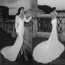 wedding photo -  Stunning 2016 Julie Vino Mermaid Wedding Dresses Front Split V Neck Long Sleeves Backless Wedding Gown Court Train Beach Bridal Dress Online with $97.99/Piece on Hj