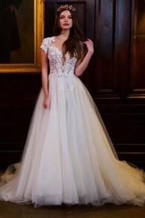 wedding photo -  Spring Berta 2016 Lace Wedding Dresses Short Sleeve Hollow Back Applique Beads Wedding Gowns Sheer Neck Chapel Train Beach Long Bridal Ball Online with $101.76/Piece on Hjklp88's Store 