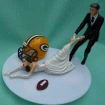 wedding photo - Wedding Cake Topper Green Bay Packers G Football Themed w/ Cheese Head, Garter G.B. Sports Fans Bride and Groom Cheesehead Humorous Sporty
