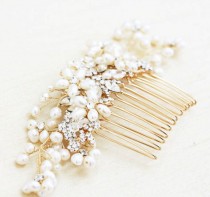 wedding photo - Gold Or Silver Freshwater Pearl And Rhinestone Large Bridal Hair Comb