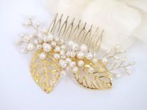 wedding photo - Cleo - 18K gold plated golden leaves and Freshwater Pearl Bridal Comb