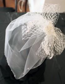wedding photo - Bridal Headband Fascinator with Swarovski Crystal Edge Blusher Veil, Short Veil, Illusion Veil - Alexandra