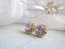 wedding photo - Swarovski Earrings Classic Rhinestone Earrings, Purple Lilac Lavender Stud Vintage Style, High Quality 14k Gold Plating, Genuine Rhinestones