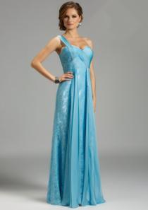 wedding photo -  One Shoulder Appliques Blue Chiffon Lace Ruched Floor Length