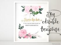 wedding photo - Printable hashtag sign TEMPLATE, diy wedding hashtag sign, pink roses, share the love, tag your pictures sign template for Word pp209 Anne