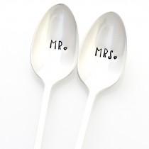 wedding photo - Mr. and Mrs. stamped silverware. Vintage sundae spoons make a unique engagement gift idea