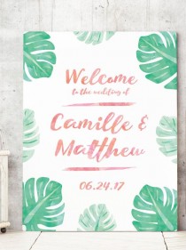 wedding photo - Tropical Wedding Welcome Sign With Watercolor Palm Leaves For Tropical Wedding Theme