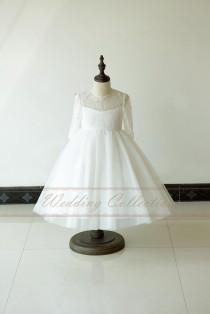 wedding photo - Lace Flower Girl Dresses with Short Sleeves Tulle Skirt Sheer Neckline