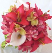 wedding photo - Tropical wedding bridal bouquet and matching boutonniere frangipani real touch calla lilies orchids beauty lilies