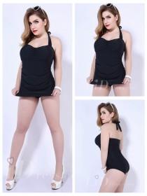 wedding photo -  Black Solid Color One-Piece Plus Size Womens Swimsuit With Skirt And Fold Adornment Lidyy1605202079
