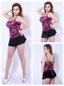 wedding photo -  Rose Color With Colorful Print Plus Size One-Piece Womens Swimsuit With Black Skirt Lidyy1605202069