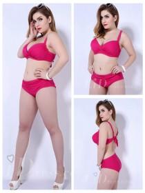 wedding photo -  Rose Color Solid Color Middle Waist Plus Size Womens Bikini Suit With Fold Adornment Lidyy1605202059