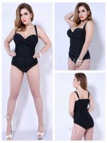 wedding photo -  Black Solid Color One-Piece Plus Size Womens Swimsuit With Fold Adornment Lidyy1605202056